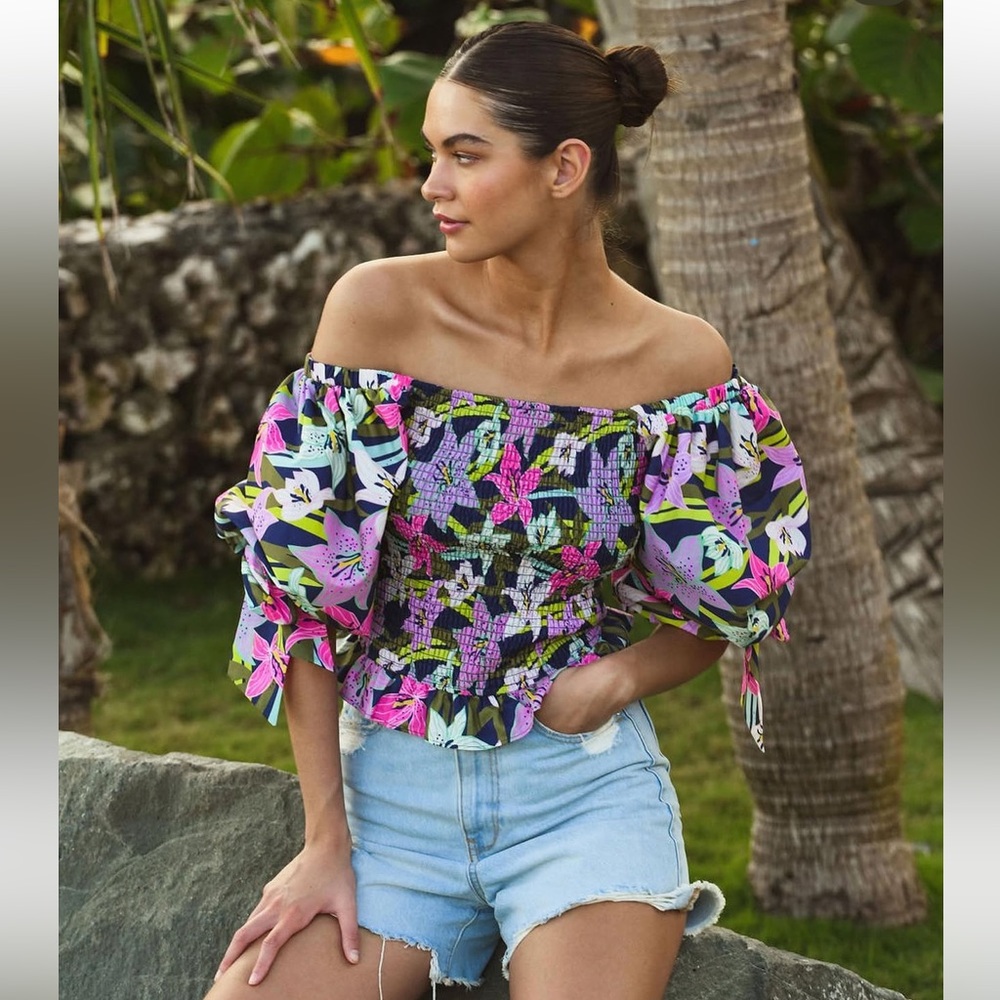 Anthropologie Hutch Smocked Purple Floral Off the shoulder tie sleeve top